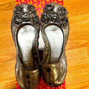 Tory Burch Beaded Silver Flats